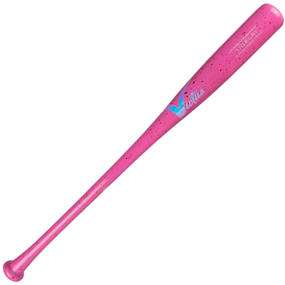 The Victus TATIS JR Youth Pro Reserve Birch Bat (VYRWBTATISJR) is a pink bat with black speckles, blue and white Vibes text and logo near the barrel, offering a balanced feel that's ideal for young players.