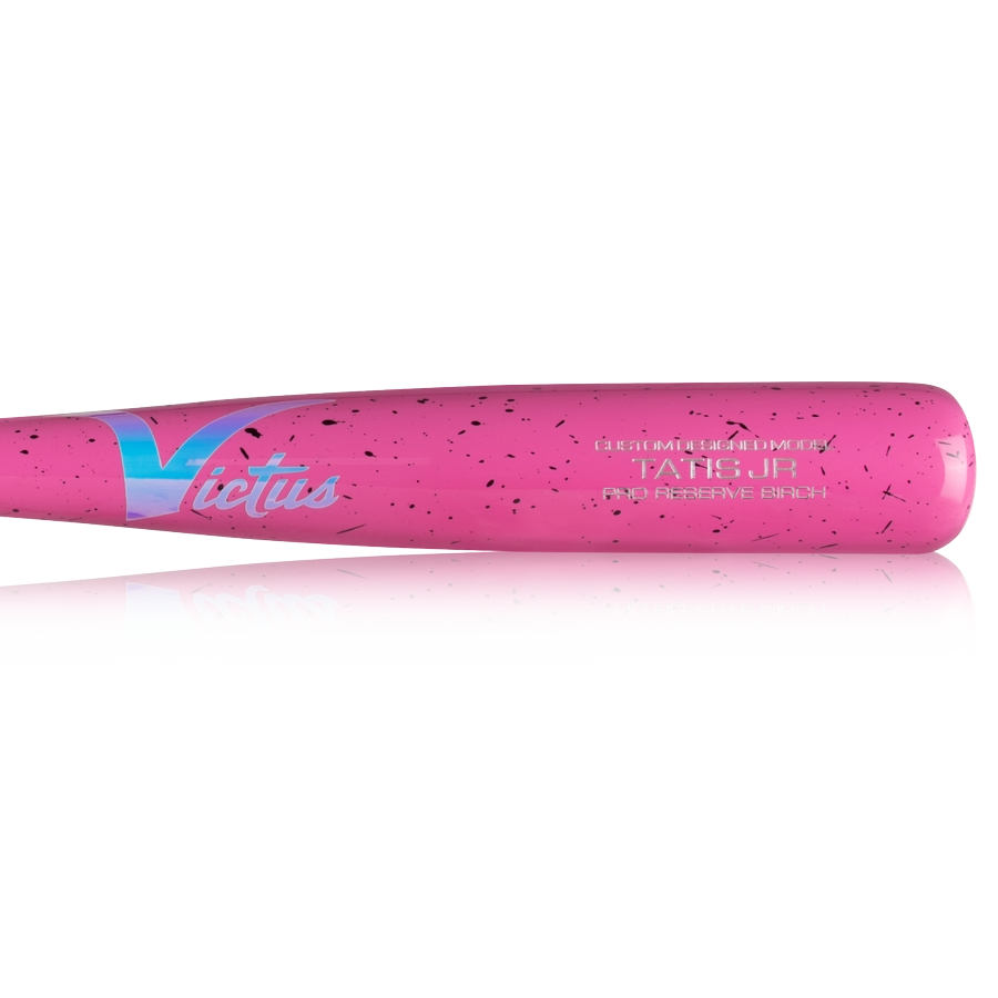 A close-up of the Victus TATIS JR Youth Pro Reserve Birch Wood Bat (VYRWBTATISJR) in pink with black speckles and "Victus" in white and blue on the barrel, highlighting its balanced feel.