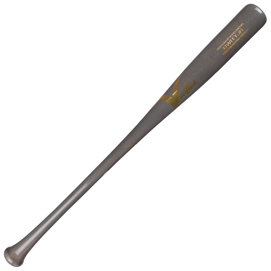 The Victus BWITT JR Youth Pro Reserve Birch Wood Bat (VYRWBWJR) by Victus features a dark gray finish, slightly flared knob, gold text and logo near the barrel, and an end-loaded design. Shown on a plain white background.