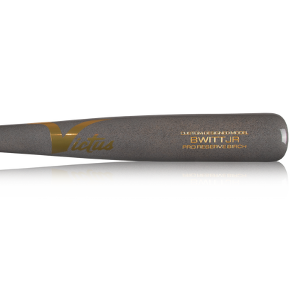 A close-up of the Victus BWITT JR Youth Pro Reserve Birch Wood Bat by Victus, showing gold text on gray birch against a white background.