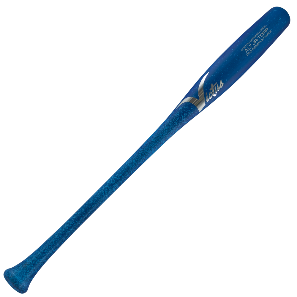A two-toned baby blue and royal blue Victus ALT JR Youth Torpedo Pro Reserve Maple Wood Bat with a silver logo and text on the barrel.