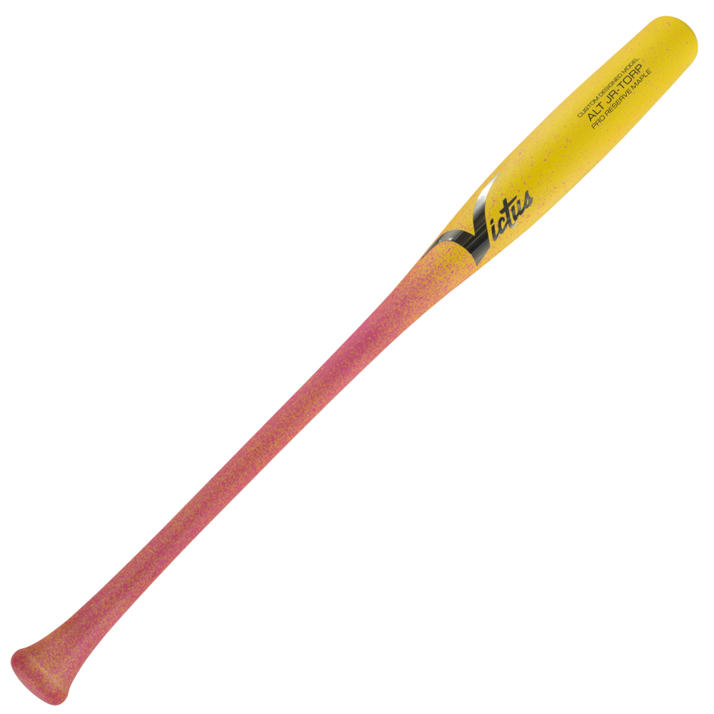 A Victus ALT JR Youth Torpedo Pro Reserve Maple Wood Bat featuring a yellow barrel that fades into a pink handle.