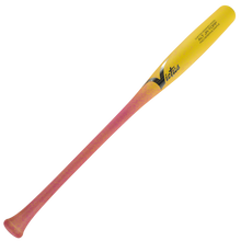 A Victus ALT JR Youth Torpedo Pro Reserve Maple Wood Bat featuring a yellow barrel that fades into a pink handle.