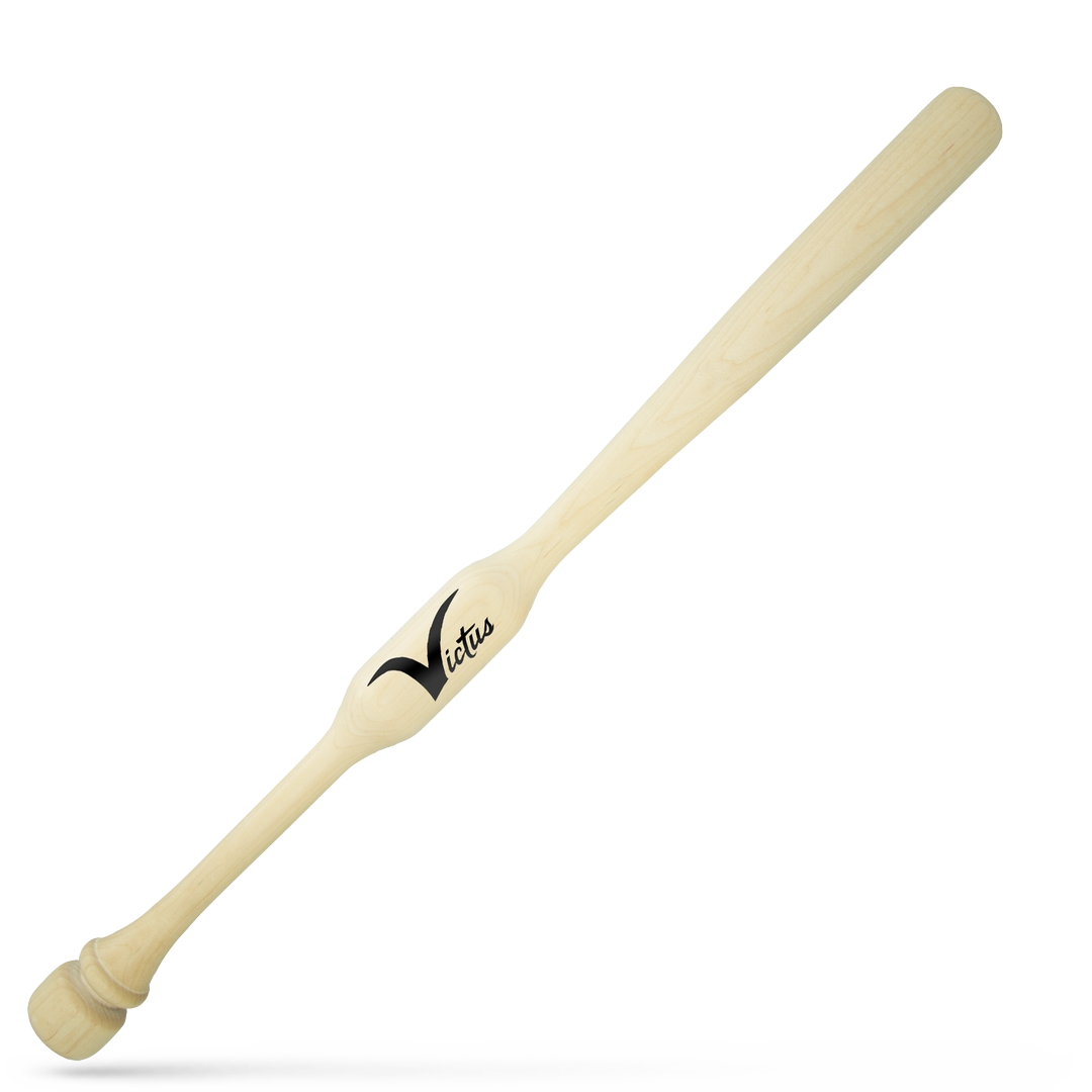 The Victus Youth Two-Hand Trainer Bat (VYTWM2HT-UN) is a light wood youth trainer with a sculpted handle and black Victus logo near the center, shown on a plain white background.
