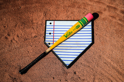 The 2025 Victus Vibe Pencil (-5) 2 3/4" USSSA Baseball Bat by Victus, shown in yellow and black, rests on white and blue paper. It's crafted from high-performance aluminum alloy for superior strength.