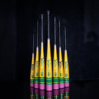 A collection of yellow and pink 2025 Victus Vibe Pencil (-8) 2 3/4" USSSA Baseball Bats by Victus, engineered for top performance and standout style.