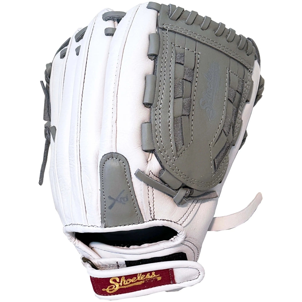 A white and gray Shoeless Joe Double Play 12" Fastpitch Glove (W-GY-1200FPBW) with laces, a Velcro strap featuring a maroon and gold Shoeless label, and visible stitching details.