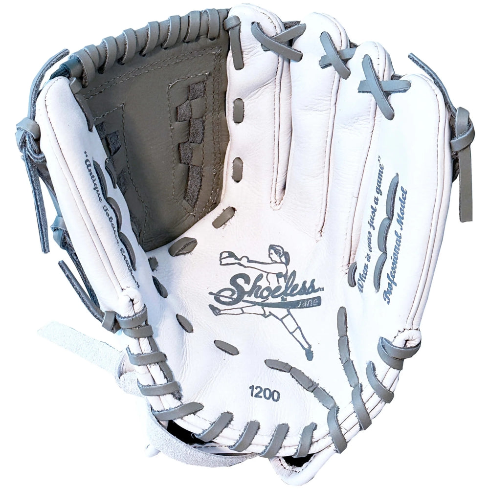 The Shoeless Joe Double Play 12" Fastpitch Glove (W-GY-1200FPBW) is white with gray lacing and interior, featuring printed text and a logo of a baseball player in mid-throw.