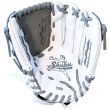 The Shoeless Joe Double Play 12" Fastpitch Glove (W-GY-1200FPBW) is white with gray lacing and interior, featuring printed text and a logo of a baseball player in mid-throw.