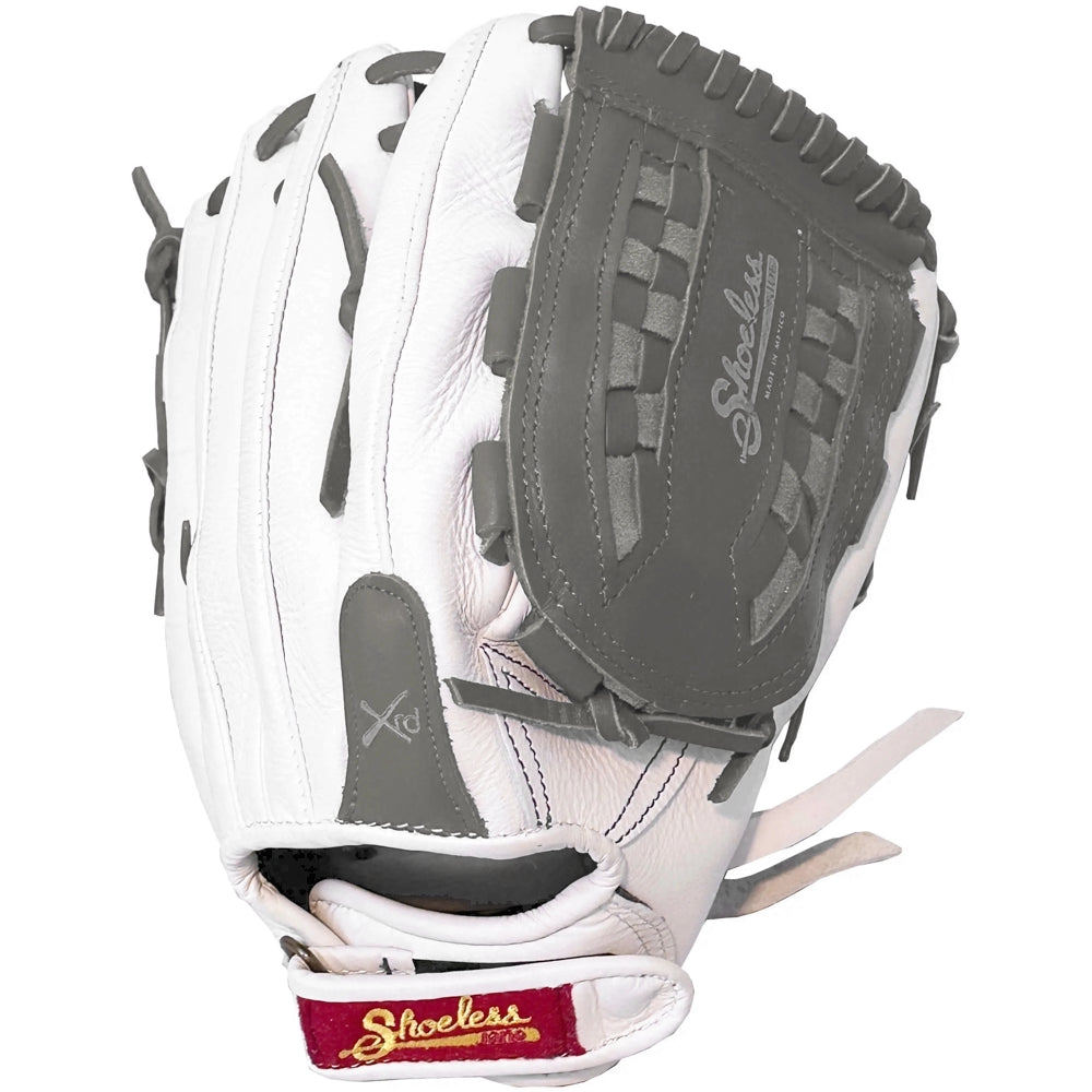 The Shoeless Joe Double Play 12.5" Fastpitch Glove (W-GY-1250FPBW) is a white leather glove with gray webbing and detailing, featuring a red Shoeless patch near the wrist strap.