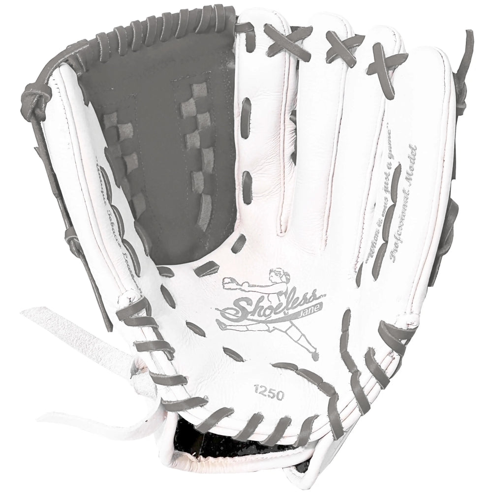 A Shoeless Joe Double Play 12.5" fastpitch glove (W-GY-1250FPBW) in white and gray with black stitching is shown, displaying the open palm and webbing details.
