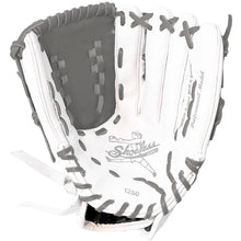 A Shoeless Joe Double Play 12.5" fastpitch glove (W-GY-1250FPBW) in white and gray with black stitching is shown, displaying the open palm and webbing details.