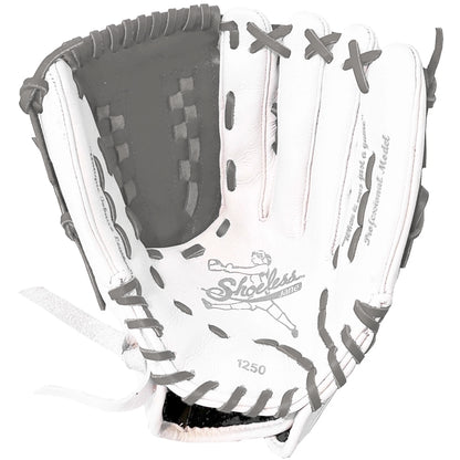 A Shoeless Joe Double Play 12.5" fastpitch glove (W-GY-1250FPBW) in white and gray with black stitching is shown, displaying the open palm and webbing details.