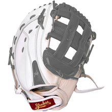 The Shoeless Joe Double Play 13" Fastpitch First Base Mitt (W-GY-1300FPFB) is a women's white and dark gray glove made from premium steer hide leather, featuring visible stitching, a basket web, and a red Shoeless label on the wrist strap.