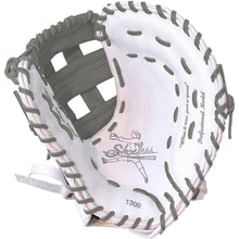 The Shoeless Joe Double Play 13" Fastpitch First Base Mitt (W-GY-1300FPFB) is a white and gray women's glove made from premium steer hide leather with gray laces and the Shoeless Joe logo on the palm—ideal for players seeking quality.