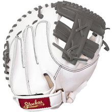 The Shoeless Joe Double Play 34" Fastpitch Catcher's Mitt (W-GY-3400FPCM) is a white glove with gray laces and accents, featuring a maroon patch with gold "Shoeless" lettering near the wrist strap in the brand’s signature style.