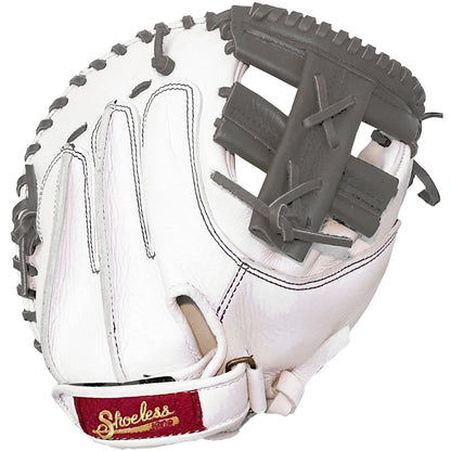 The Shoeless Joe Double Play 34" Fastpitch Catcher's Mitt (W-GY-3400FPCM) is a white glove with gray laces and accents, featuring a maroon patch with gold "Shoeless" lettering near the wrist strap in the brand’s signature style.
