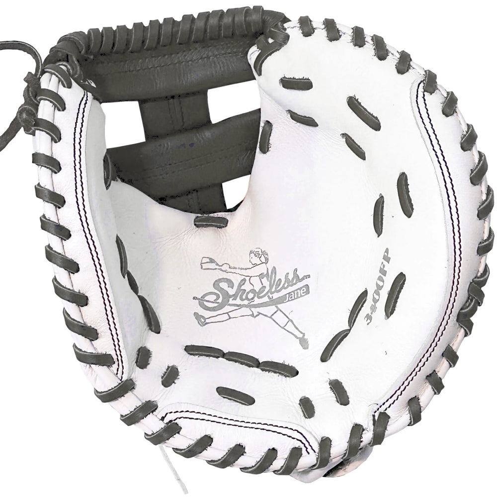 The Shoeless Joe Double Play 34" Fastpitch Catcher's Mitt (W-GY-3400FPCM) is a white leather mitt with black laces, detailed stitching, and features the Shoeless Joe logo plus a mid-pitch baseball player illustration.