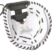 The Shoeless Joe Double Play 34" Fastpitch Catcher's Mitt (W-GY-3400FPCM) is a white leather mitt with black laces, detailed stitching, and features the Shoeless Joe logo plus a mid-pitch baseball player illustration.