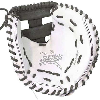 The Shoeless Joe Double Play 34" Fastpitch Catcher's Mitt (W-GY-3400FPCM) is a white leather mitt with black laces, detailed stitching, and features the Shoeless Joe logo plus a mid-pitch baseball player illustration.