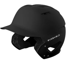 The EvoShield XVT 2.0 Matte Batting Helmet (WB572560) features a matte black finish, ear protection on both sides, and the EvoShield brand name printed in white on the side.
