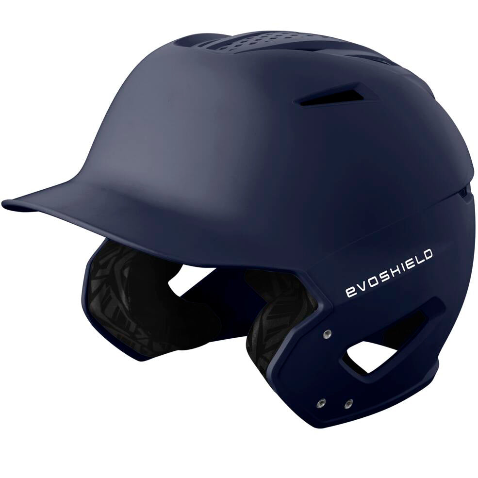 The EvoShield XVT 2.0 Matte Batting Helmet (WB572560) is a dark blue helmet with ear protection, white EvoShield branding, and ventilation holes on top for comfort.