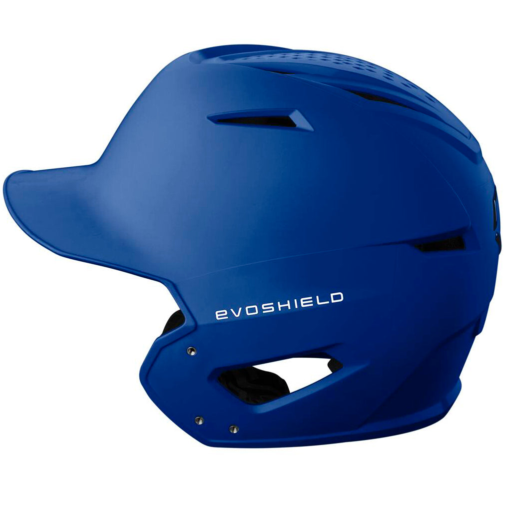 The EvoShield XVT 2.0 Matte Batting Helmet: WB572560 features a blue matte finish, ear protection, and top ventilation holes to provide comfort and safety for players.