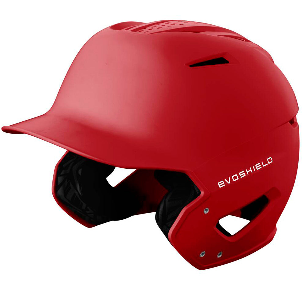 The EvoShield XVT 2.0 Matte Batting Helmet (WB572560) is bright red with a black padded interior, ear protection, and a white EvoShield logo on the right side.
