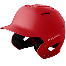 The EvoShield XVT 2.0 Matte Batting Helmet (WB572560) is bright red with a black padded interior, ear protection, and a white EvoShield logo on the right side.