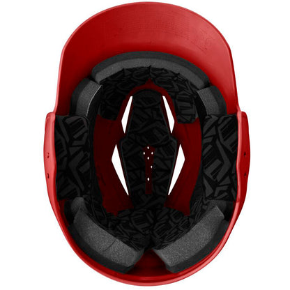 A top-down view of the inside of a red batting helmet displays black padding and foam lining for comfort and protection, similar to the EvoShield XVT 2.0 Matte Batting Helmet (WB572560) by EvoShield.