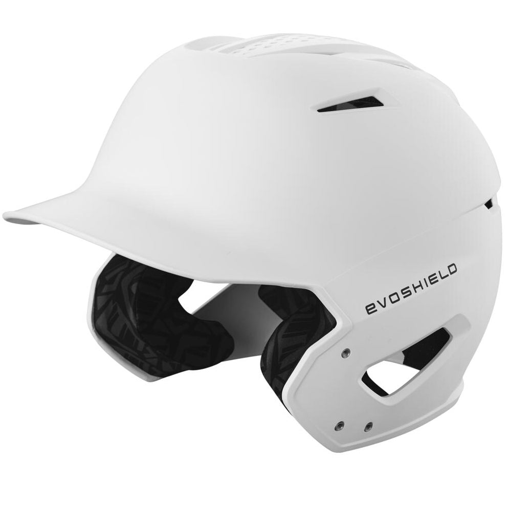 The EvoShield XVT 2.0 Matte Batting Helmet (WB572560) features ear protection, ventilation holes, and a black padded interior for comfort and safety on the field.