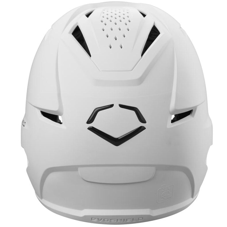 The EvoShield XVT 2.0 Matte Batting Helmet: WB572560 features vent holes, a matte white finish, black geometric rear logo, and an angular design for modern style and sports protection by EvoShield.