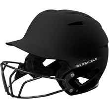 The EvoShield XVT 2.0 Matte Batting Helmet with Fastpitch Mask (WB572570) is a black SEI-certified helmet featuring a metal facemask and EVOSHIELD in white on the side.