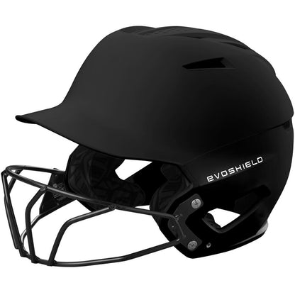 The EvoShield XVT 2.0 Matte Batting Helmet with Fastpitch Mask (WB572570) is a black SEI-certified helmet featuring a metal facemask and EVOSHIELD in white on the side.