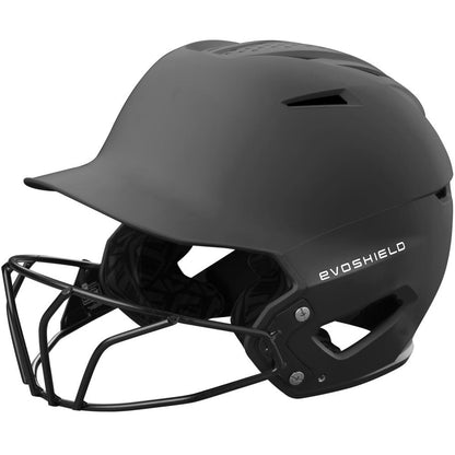The EvoShield XVT 2.0 Matte Batting Helmet with Fastpitch Mask (WB572570) by EvoShield features a protective mask, side ventilation holes, and an EvoShield logo. SEI certified, it offers safety and comfort for fastpitch players at bat.