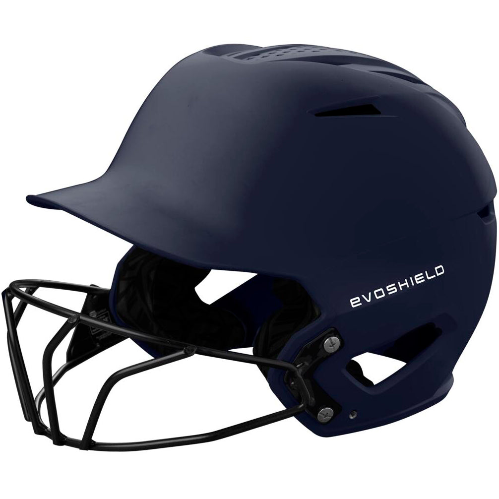 The EvoShield XVT 2.0 Matte Batting Helmet with Fastpitch Mask (WB572570) by EvoShield is shown in navy blue with a black mask from a side angle, featuring SEI certification, top ventilation holes, and a smooth finish for comfort and protection.