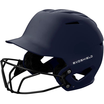 The EvoShield XVT 2.0 Matte Batting Helmet with Fastpitch Mask (WB572570) by EvoShield is shown in navy blue with a black mask from a side angle, featuring SEI certification, top ventilation holes, and a smooth finish for comfort and protection.