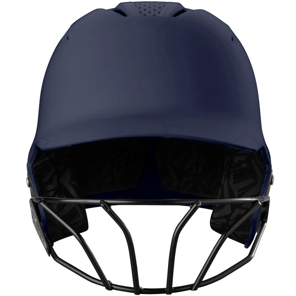 A front view of the EvoShield XVT 2.0 Matte Batting Helmet with Fastpitch Mask (WB572570) shows its dark blue shell, black faceguard, top ventilation holes, padded interior, and SEI certification against a white background.