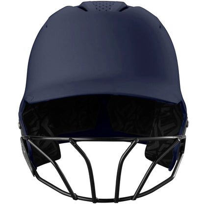 A front view of the EvoShield XVT 2.0 Matte Batting Helmet with Fastpitch Mask (WB572570) shows its dark blue shell, black faceguard, top ventilation holes, padded interior, and SEI certification against a white background.