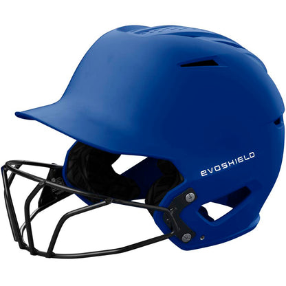 A side view of the EvoShield XVT 2.0 Matte Batting Helmet with Fastpitch Mask (WB572570), featuring a blue shell, ventilation holes, black interior padding, SEI certified protection, and the EvoShield logo in white.