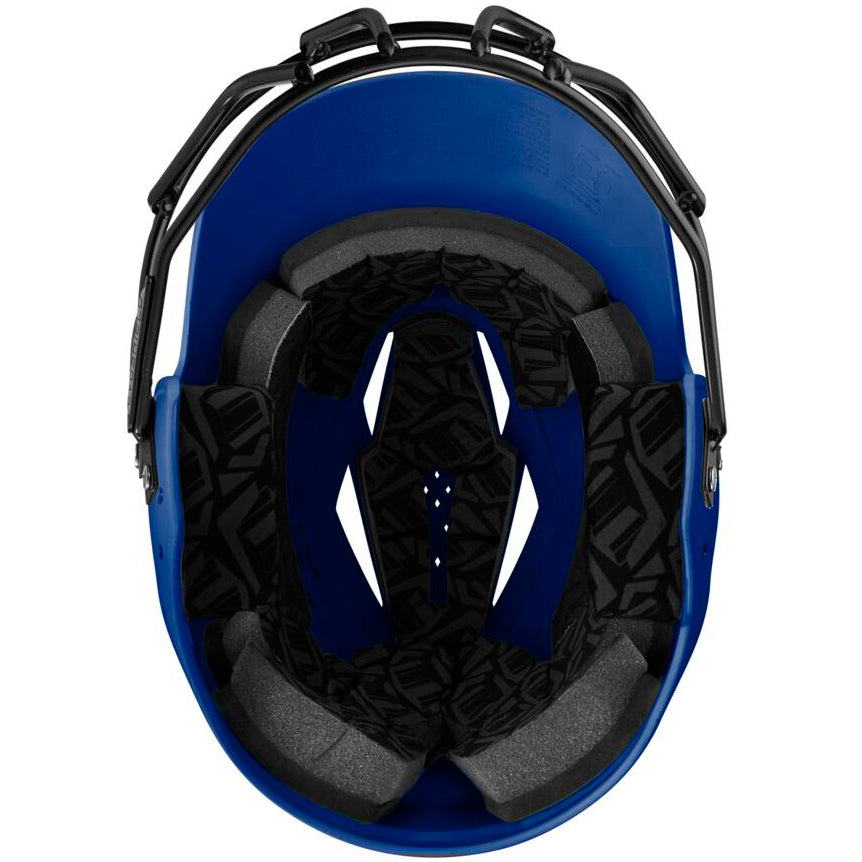 A top-down view of the EvoShield XVT 2.0 Matte Batting Helmet with Fastpitch Mask (WB572570) by EvoShield, SEI certified with black padding and geometric-patterned lining for head protection in sports.