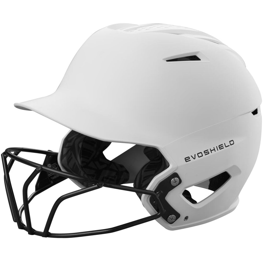 The EvoShield XVT 2.0 Matte Batting Helmet with Fastpitch Mask (WB572570) is SEI certified, features a black metal facemask, air vents, padded interior for comfort and protection, and displays the EvoShield logo on the side.