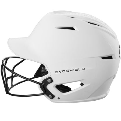 The EvoShield XVT 2.0 Matte Batting Helmet with Fastpitch Mask (WB572570) by EvoShield is shown in white with a black facemask, left-side profile. SEI certified, it features ventilation holes and a sleek modern design for baseball or softball players.