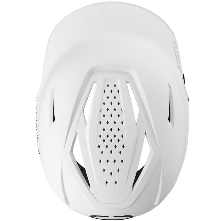 Top view of the EvoShield XVT 2.0 Matte Batting Helmet with Fastpitch Mask (WB572570) by EvoShield, SEI certified, featuring diamond-shaped central and side vents plus a smooth, aerodynamic design for optimal ventilation.