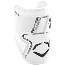 The EvoShield PRO-SRZ 2.0 Batter's Elbow Guard (WB572600) is a white elbow guard with black stitching and geometric designs, featuring Gel-to-Shell Technology and a wide adjustable strap.