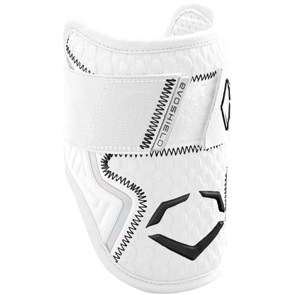 The EvoShield PRO-SRZ 2.0 Batter's Elbow Guard (WB572600) is a white elbow guard with black stitching and geometric designs, featuring Gel-to-Shell Technology and a wide adjustable strap.