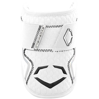 The EvoShield PRO-SRZ 2.0 Batter's Elbow Guard (WB572600) features white color, black stitching and logo, a honeycomb texture, Gel-to-Shell Technology, and a velcro strap for secure fit. Brand: EvoShield.