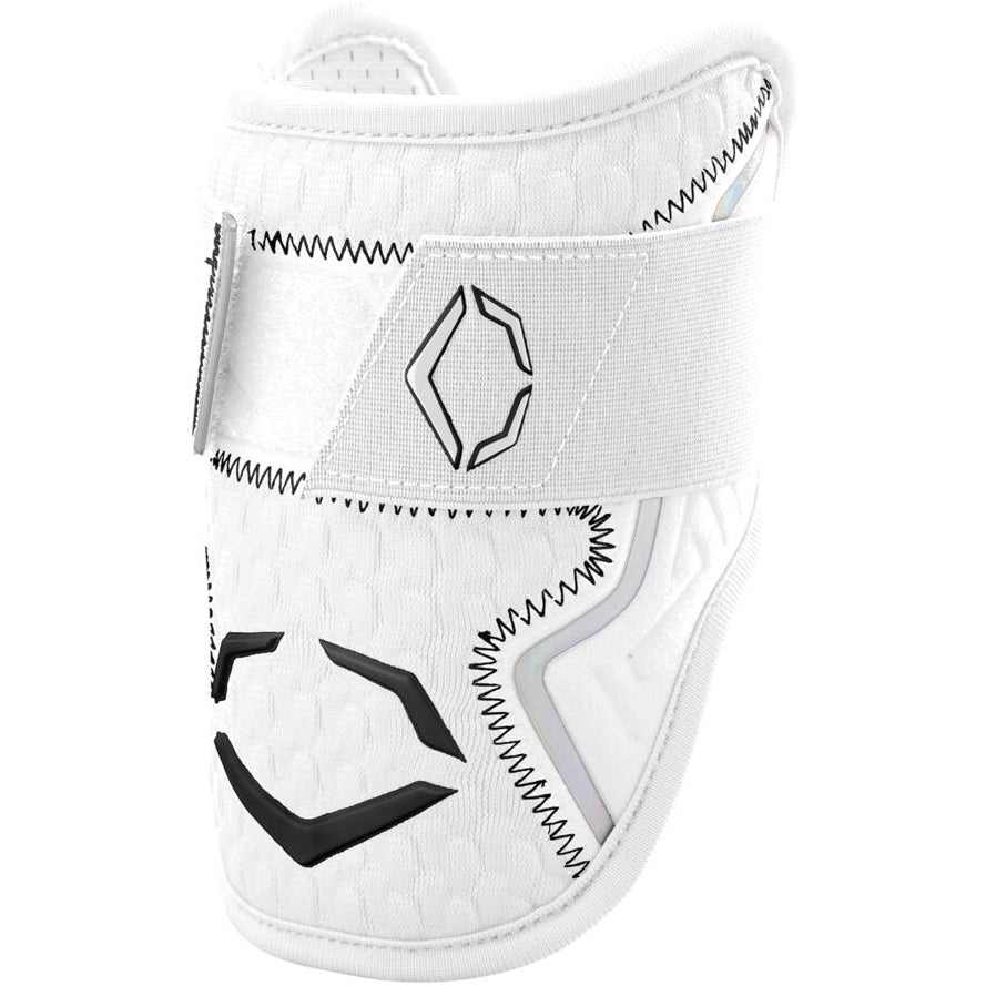 The EvoShield PRO-SRZ 2.0 Batter's Elbow Guard by EvoShield is a white guard with black stitching, geometric logos, Gel-to-Shell custom fit tech, a velcro strap for secure fastening, and contoured padding for comfort and protection.