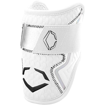 The EvoShield PRO-SRZ 2.0 Batter's Elbow Guard by EvoShield is a white guard with black stitching, geometric logos, Gel-to-Shell custom fit tech, a velcro strap for secure fastening, and contoured padding for comfort and protection.