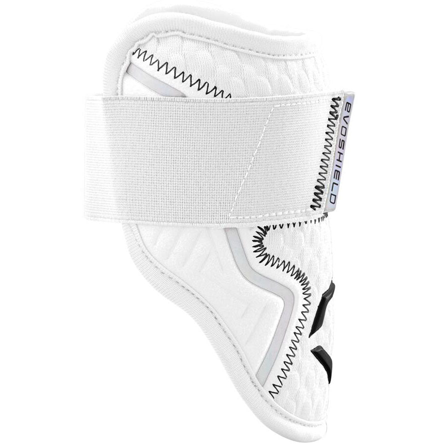 The EvoShield PRO-SRZ 2.0 Batter's Elbow Guard (WB572600) is a white, padded guard with black stitching, a wide adjustable strap, and uses Gel-to-Shell Technology for custom fit and protection. Features bold EvoShield branding.